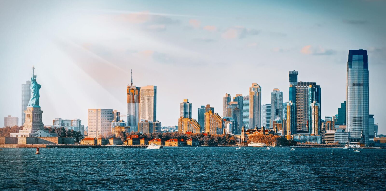 Skyline view of skyscrapers from water